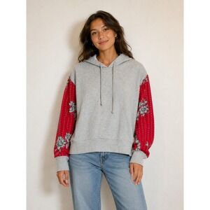 Upcycled Champion reverse weave‎ Grey Hoodie Red Floral Kantha Sleeves Boho sz M